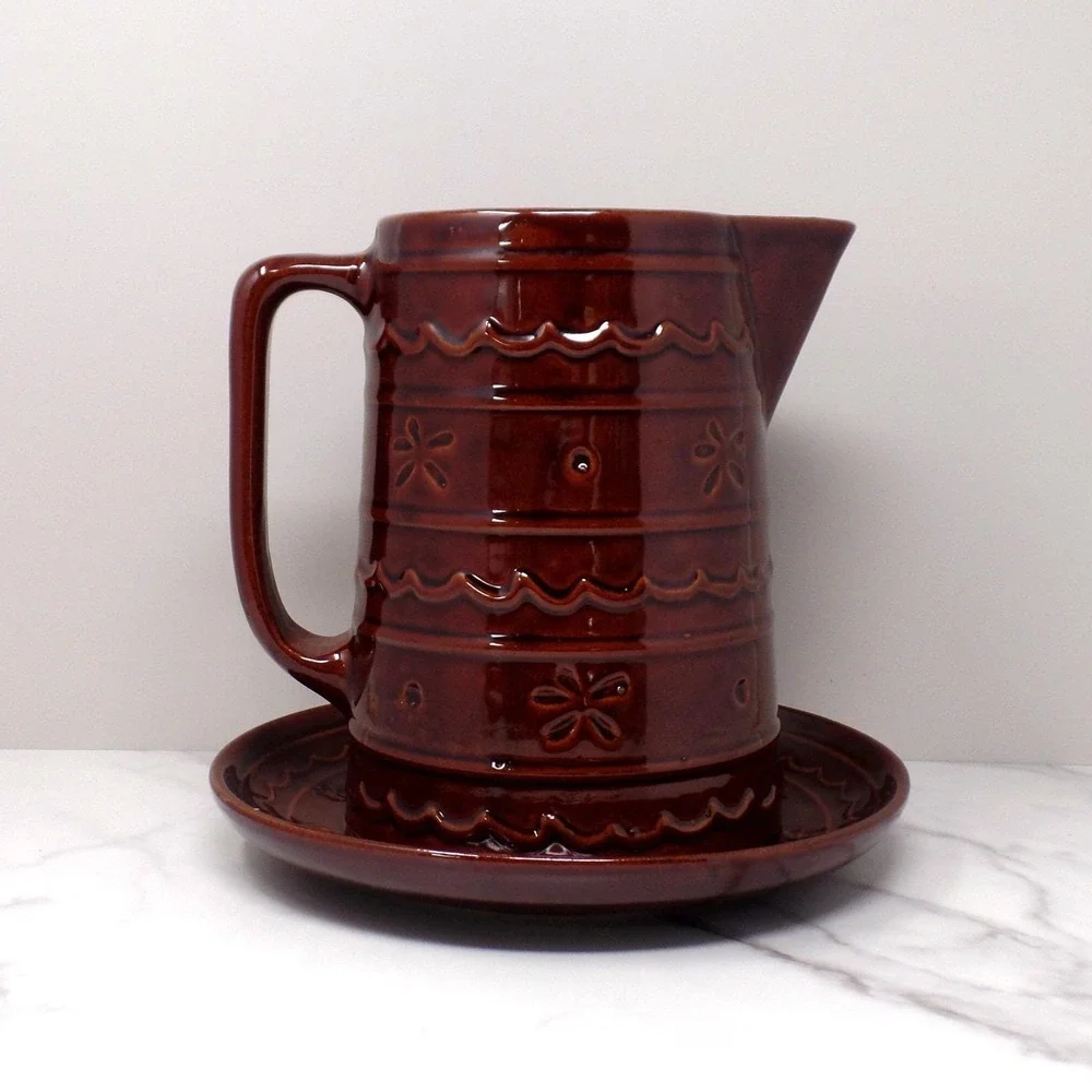 Vintage Marcrest Ceramic Pitcher and Underplate, Brown Daisy and Dot (1950s)